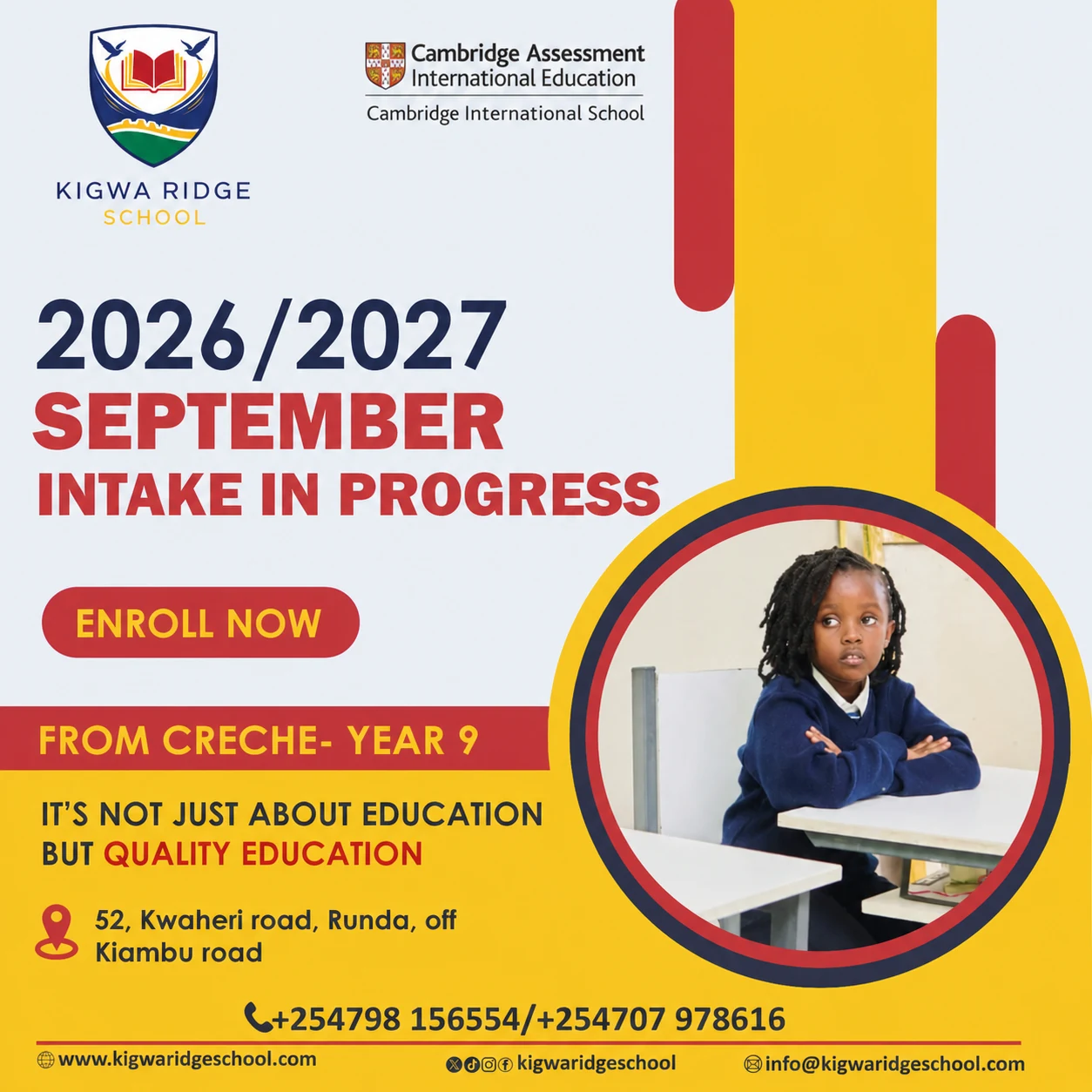 Kigwa Ridge School 2026/2027 September intake in progress from Crèche to Year 9