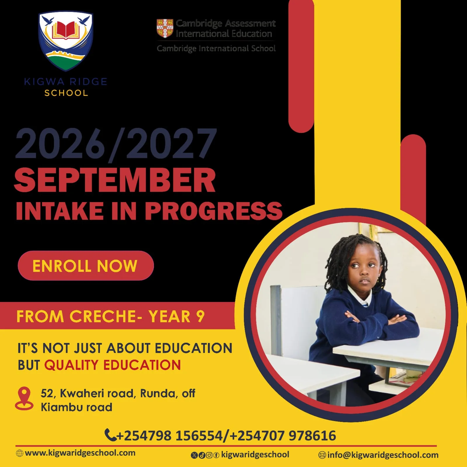 Kigwa Ridge School 2026/2027 September intake in progress from Crèche to Year 9